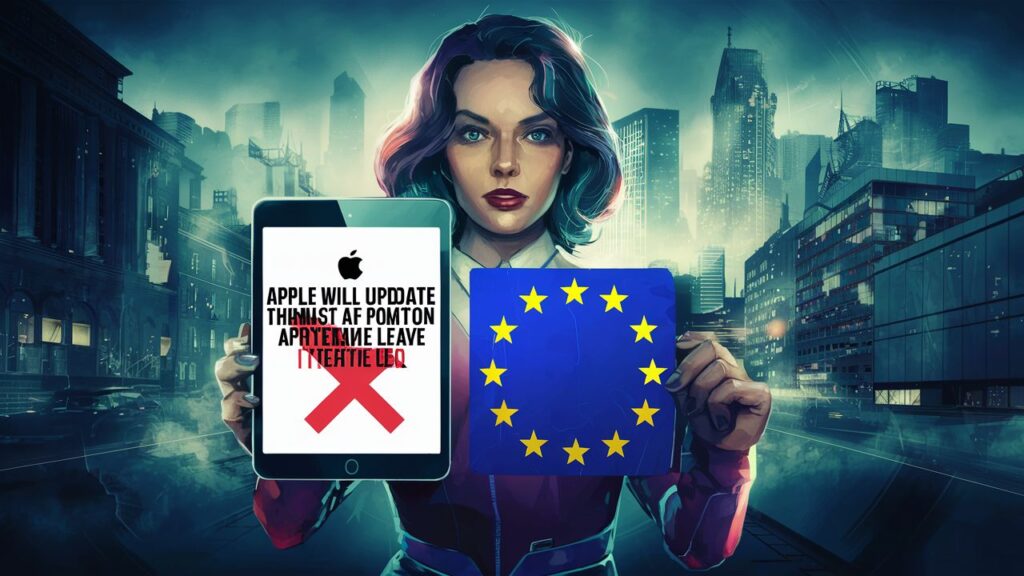 A futuristic digital illustration of a woman holding a tablet, representing Apple, with a red "X" over the European Union symbol. The tablet screen displays a message in bold letters saying, "Apple will not update third-party applications if customers leave the EU." Behind her, a cityscape with a mix of modern and vintage buildings creates a dystopian atmosphere. The overall tone is cautionary and thought-provoking, urging viewers to consider the potential consequences of such a situation.