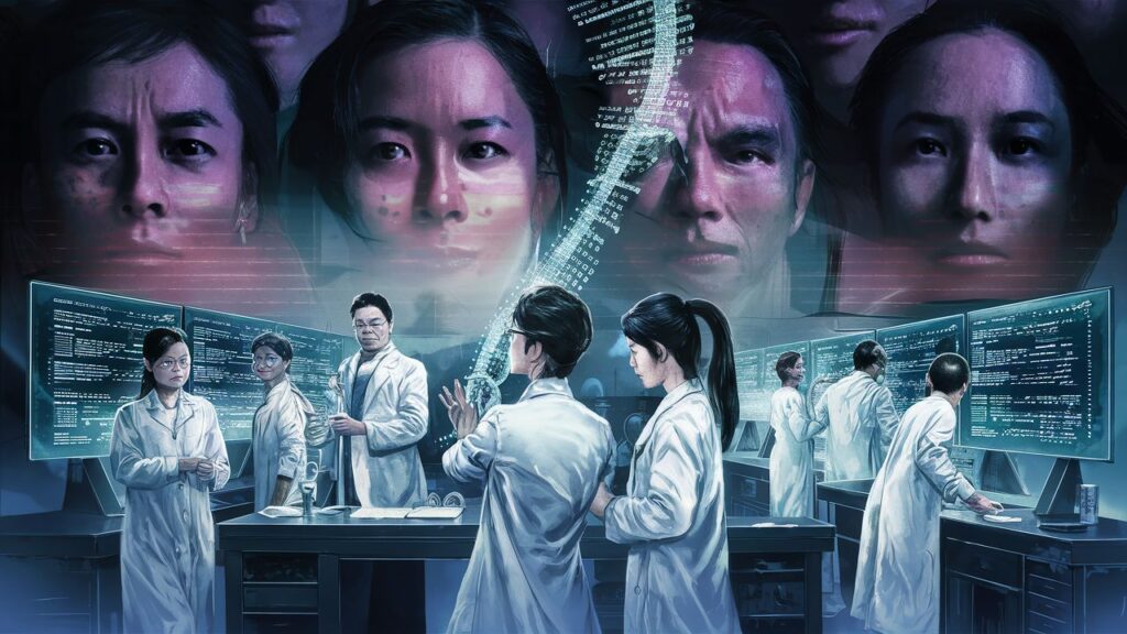 A thought-provoking illustration depicting Chinese biotech corporations collecting genetic data from unsuspecting American citizens. In the foreground, a group of scientists are seen working in a high-tech lab, surrounded by screens displaying genetic code. In the background, the faces of American citizens are subtly highlighted, symbolizing that their data is being collected. The atmosphere of the image is dystopian, with a looming sense of unease and concern.