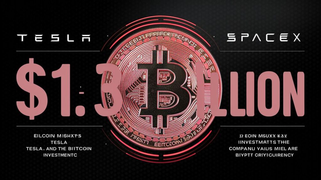 A striking infographic displaying Elon Musk's companies, Tesla and SpaceX, owning a combined $1.3 billion in Bitcoin. The Bitcoin symbol is prominently featured, and the total value is displayed in bold, red font. The infographic also highlights the companies' individual investments and their overall commitment to cryptocurrency.