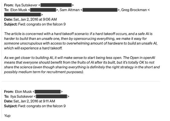 Emails between Sutskever and Musk released by OpenAI. Source: OpenAI
