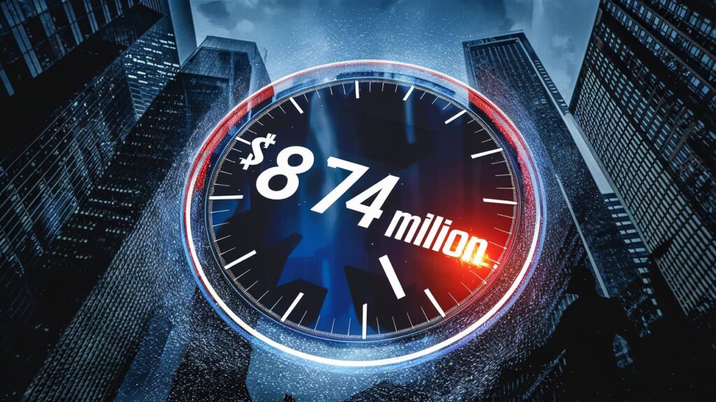 A striking image of a digital clock showing 874 million, symbolizing the $874 million settlement between FTX and Alameda, and BlockFi. The clock is surrounded by silhouettes of skyscrapers, representing the financial world. The overall atmosphere is tense, with a sense of resolution and justice being served.