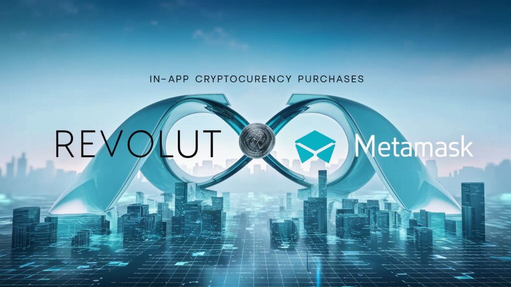 A futuristic and sleek image of the Revolut and MetaMask logos combined, with the words "In-App Cryptocurrency Purchases" prominently displayed. The logos are set against a backdrop of a digital landscape with a city skyline, and the overall ambiance of the image exudes a sense of innovation and progress.