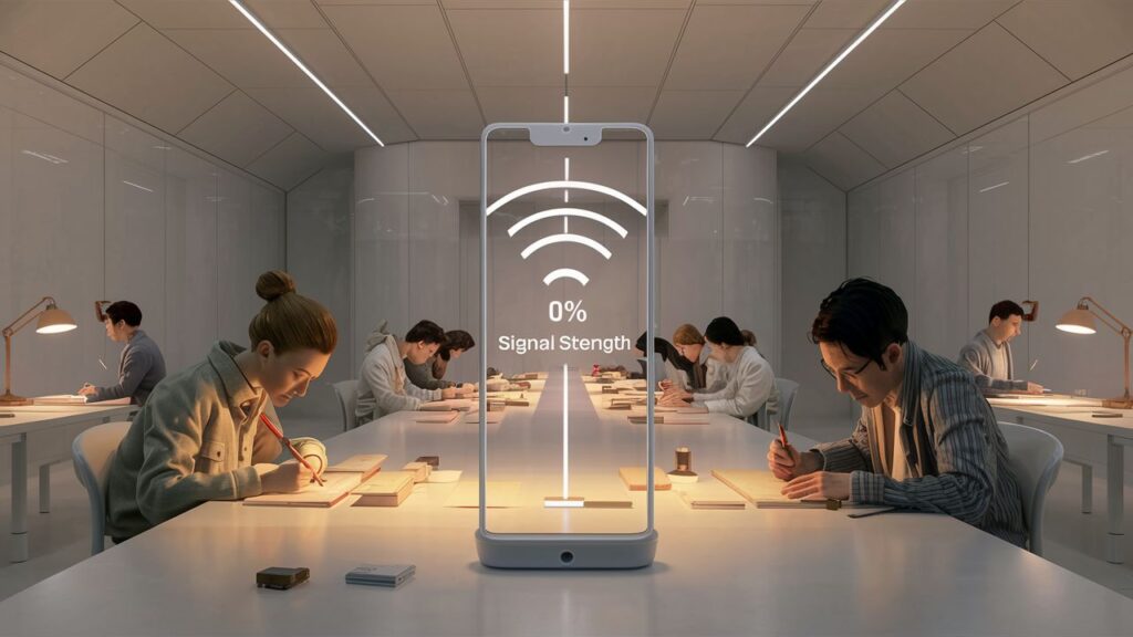 A futuristic and minimalistic workspace, where Google's AI designers are hard at work. The room is devoid of any Wi-Fi signals, as indicated by the "Wi-Fi signal strength" bar that reads "0%" on a device's screen. The designers are focused on their tasks, using pen and paper or traditional design tools, while the room is illuminated by the warm glow of desk lamps.