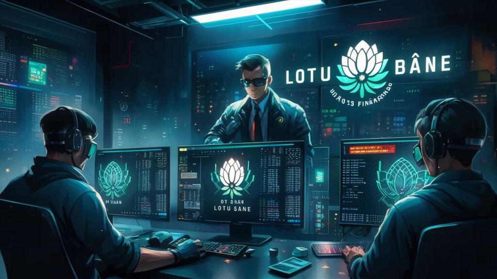A high-tech cybersecurity scene featuring a mysterious group of hackers called 'Lotus Bane.' They are shown working in a dimly lit room with multiple screens displaying data on Vietnam's financial entities. The group's logo, 'Lotus Bane,' is prominently displayed on the wall. The atmosphere is tense, with an air of secrecy and urgency, and the hackers are focused on their mission to infiltrate the targeted financial organizations.
