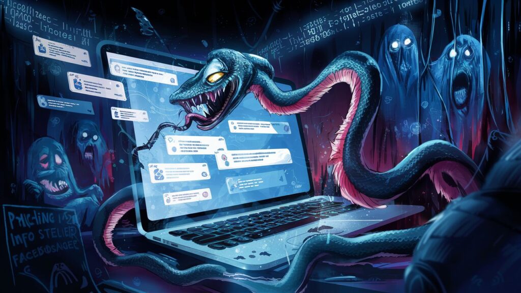 A chilling image depicts a malicious Python-based Snake Info Stealer, spreading through Facebook messages. The Snake, represented as a sinister, slithering creature, is seen infiltrating a victim's computer. The background is a dark, cyber-infested landscape with glowing code and ghostly figures. The overall atmosphere is tense and eerie, with a sense of impending danger and cyber threats.