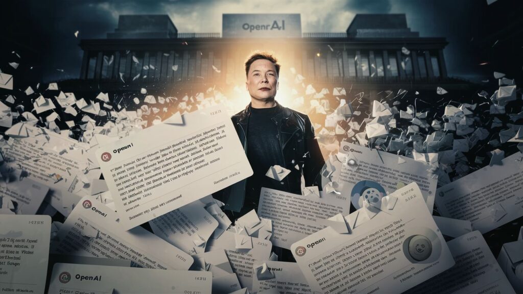 A compelling image of Elon Musk, surrounded by a sea of emails, with one prominently displayed in the foreground. The emails appear to have been sent from OpenAI, discussing the organization's pro 'for-profit' stance. The atmosphere is tense, with a spotlight shining on Musk, casting a dramatic shadow. In the background, the OpenAI headquarters looms, with a sense of legal battles and corporate tension in the air.