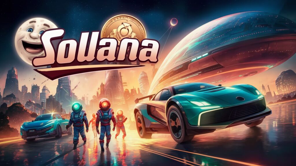 A lively and humorous meme image featuring Solana, a futuristic city on a distant planet, with the Solana logo prominently displayed. The city is buzzing with activity, with flying cars and people wearing vibrant space suits. The Solana logo is accompanied by a smiling, anthropomorphic moon, celebrating the rise of Solana meme coins.