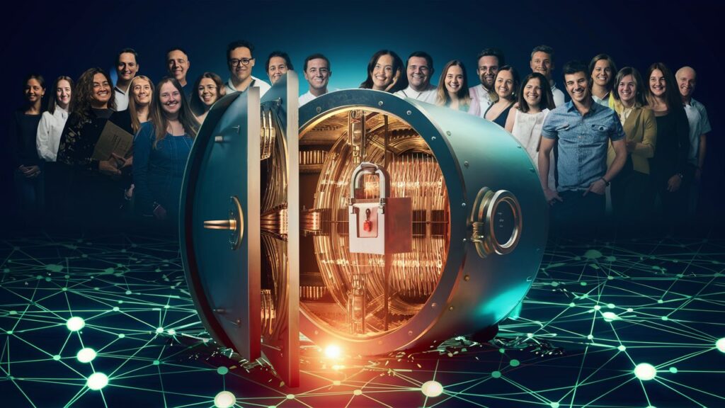 A captivating image of Zama, a startup in cryptography, announcing their recent fundraising of $73 million. The company is focused on safeguarding the privacy of data, and the image shows a secure vault with a digital lock. The vault is surrounded by a network of interconnected nodes, representing the digital world. A team of young, diverse professionals stands behind the vault, celebrating the achievement.